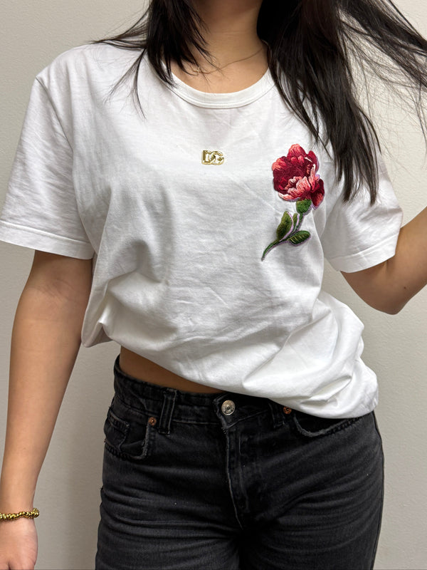 Dolce & Gabbana Embroidered Rose T-Shirt – White