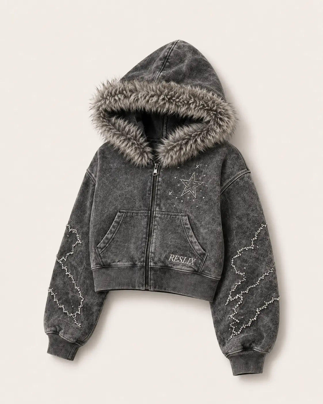 Grey fur trim zip hoodie